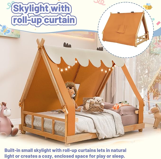 Full Size Floor Bed with Tent and Light, Wooden Montessori Bed Frame with Roof Design, Low Profile Beds for Kids, Boys and Girls, Brown