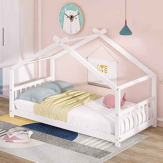 Ball & Cast Twin Size Floor Bed,Low to Ground Design Montessori Bed with Roof,Toddler House Bed Frame W/Slats,No Box Spring Needed,for Girls Boys,White