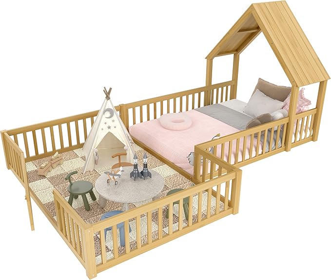Harper & Bright Designs Full Size House Shaped Double Floor Bed with Door and Full-Length Guardrails, Solid Wood Kids Montessori Floor Bed for Girls Boys, Multi-Function, Natural