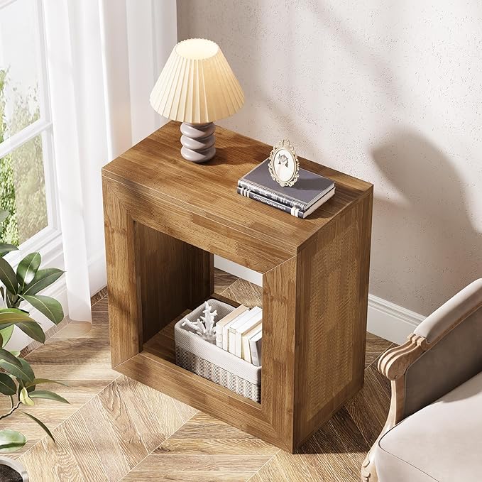 Tribesigns Rustic End Table, 2-Tier Wooden Side Table with Sturdy Base, Farmhouse Narrow Nightstand with Storage Shelf for Living Room, Bedroom, Brown (Set of 2)