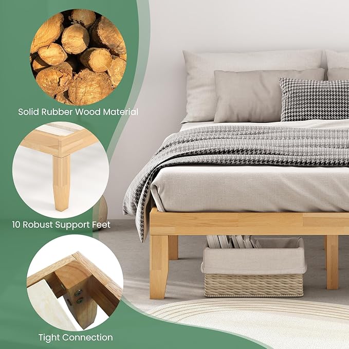 KOMFOTT 14 Inches Wood Platform Bed Frame Queen Size, Wooden Mattress Foundation with Rubber Wood Frame, Strong Wooden Slats Support, No Box Spring Needed, Bed Frame (Natural)