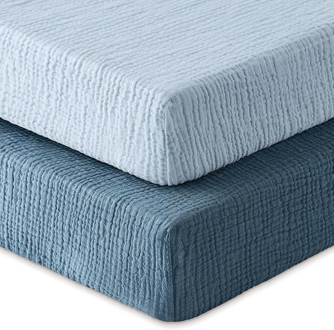 Muslin Crib Sheets for Boys Girls, 100% Cotton Fitted Crib Sheet 2 Pack for Standard Crib and Toddler Mattress, Breathable Soft Baby Sheet 28x52x8in Gradient Blue