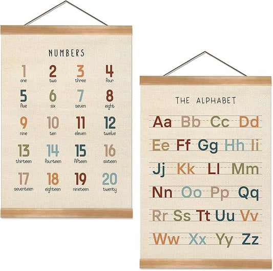 ZTGDA Alphabet Numbers Poster Set of 2, Alphabet Numbers Wall Art, ABC Banner Poster, Banner Wall Hanging Decor for Toddler Room Playroom Nursery Wall Classroom Decor 12x16inch (123&ABC-02)