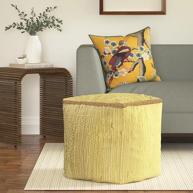 LR Home Dusky Citron Bordered Transitional Hand-Loomed Cotton Pouf with Jute Braid | Farmhouse Cube Foot Rest for Bedroom & Living Room Decor | 18 x 18 x 18 Stuffed Ottoman for Seating