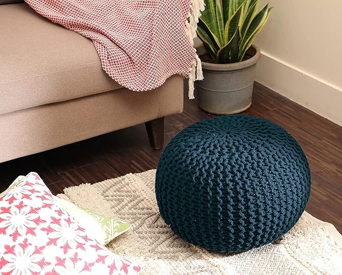 REDEARTH · Round Pouf Bean Bag Ottoman - Foot Stool Hand Knitted - Home Decor Pouffe Stuffed - Cable Boho Poof Beanbag Footrest for Living Room - Nursery - Bedroom - Patio (19.5"x19.5"x14") - Teal