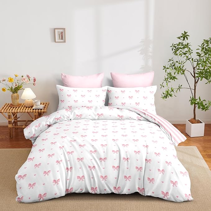 Pink Bow Duvet Cover Queen Size Striped Bedding Set Kids Boys Girls 3 Pieces Princess Style Stripe Bowknot Reversible Coquette Soft Microfiber Duvet Cover Set with 2 Pillowcases