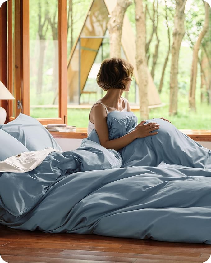 Bedsure Cotton Duvet Cover Queen Size, Cotton & Rayon Derived from Bamboo Blend Duvet Cover Set for Hot Sleepers,Ultra-Soft, Breathable & Lightweight Home Bedding for All Seasons (Dusty Blue,90"x90")