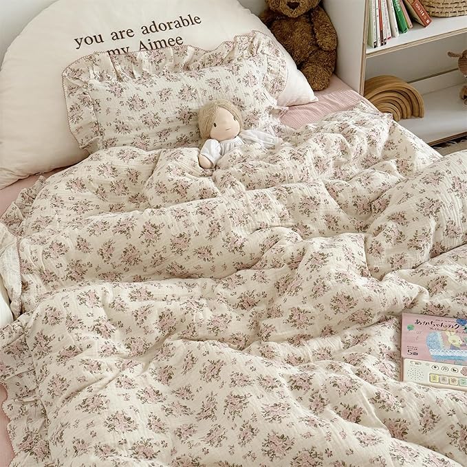 AOJIM Kids Cotton Muslin Duvet Cover with Pink Floral Patterns, 1pc Super Soft Toddler Bedding Comforter Cover 2-Layer Gauze 47X59'', Ruffled Edges Duvet Protector for Girls Boys, No Quilt or Pillow