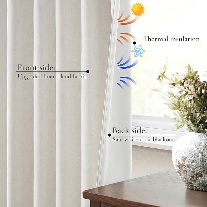 Short Linen Blackout Curtains for Bedroom 48 Inches Length 2 Panels Set, Kitchen/Bathroom Curtain for 46 Inch Small Window, Heat Blocking Thermal Insulated, Hook Belt Pleated/Back Tab(50"Wx48"L)