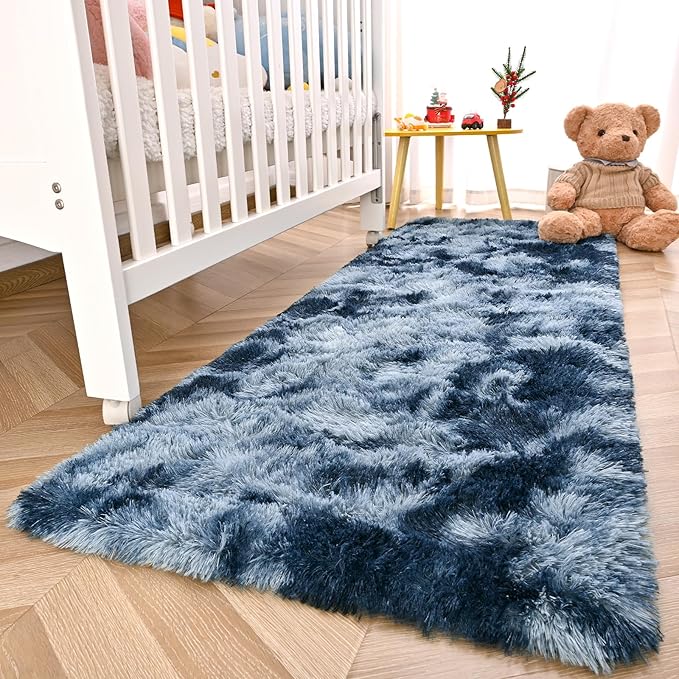 DweIke Fluffy Blue Grey Runner Rugs for Bedroom, 2x6 Feet Soft Plush Long Runners for Girls Boys Kids, Non-Slip and Machine Washable Bedside Rug, Small Throw Carpet for Hallway Rooms Decor
