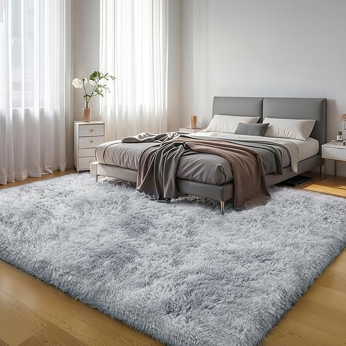 Thick Area Rug Light Grey Fluffy Shag 3x5 for Bedroom, Soft Plush Fuzzy Shaggy Carpet, Thickened Washable Non Slip Cozy Furry Rugs for Living Room, Kids Baby Nursery Dorm, Tie-Dye Gray