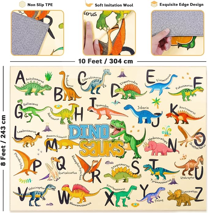 Kids Rugs for Playroom, 8x10 Feet Educational Rug for Learn The ABC Alphabet, Soft Machine Washable Non-Slip Cute Dinosaur Carpet for Classroom Toddler Nursery Kids Room Decor Mat, Beige