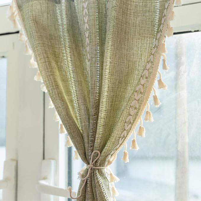 Deeprove Green Boho Curtain Valance for Cafe Kitchen Closet Doorway Decor, Sheer Bohemian Farmhouse Cotton Linen Short Panel French Tassel Trim Country Window Treatments Panel, W52 x L18, 1 Piece