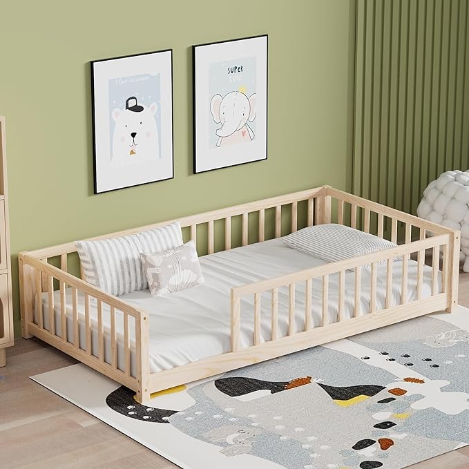 LLS Twin Floor Bed for Kids Solid Wood Montessori Bed Frame with Safety Guardrails Multifunctional Montessori Floor Bed for Toddlers, Without Door, Natural