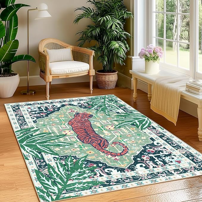 Area Rug Green 4x6 Tiger Rug Washable Non-Slip Boho Vintage Tropical Animal Print Jungle Rug for Bedroom Girls Room Hallway Soft Cozy Whimsical Woodland Carpet for Play Room Laundry Room