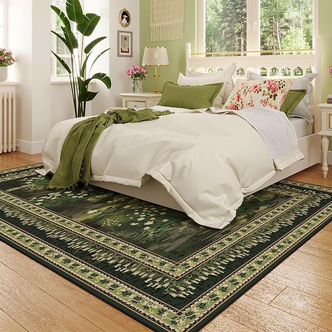 Rugcomf 5x7 Area Rugs Impressionist-Style Vintage Washable Area Rug Non Slip Low Pile Large Rugs for Living Room Bedroom Farmhouse Dining Room Kids Playroom, Green