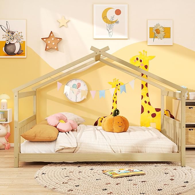 Giantex Full Size Floor Bed, Solid Wood Montessori House Bed with Roof, Headboard and Footboard, Low Full Bed Frame for Kids Teens Girls Boys, No Box Spring Needed, Natrual