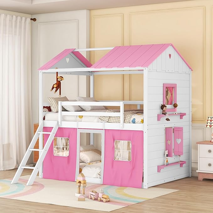 Twin Size House Bunk Bed with Elegant Windows and Sills, Solid Wood Tent Bed Frame with Guardrails for Kids Teens Boys Girls, Versatile Spacious Under Bed Space with Curtains (Pink+White T)