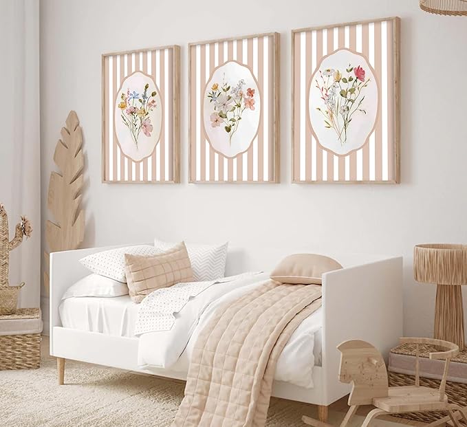 3Pcs Pink Flower Wall Art Light Pink Striped Plant Painting Picture Wall Decor Elegant wildflowers Poster Print Artwork for Bedroom Preppy dormitory Living Nursery Room Home Decoration
