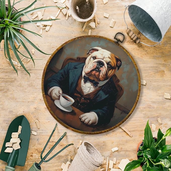 Hiuwevt Vintage Bulldog Coffee Round Wall Art Decor, Bulldog Gifts for Women Framed Canvas Prints, Funny Dog Coffee Round Wall Hanging Decor for Kitchen Home Bedroom Decorations, 10x10 Inches