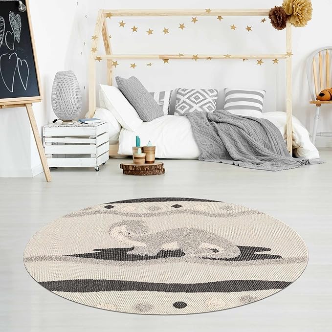 Hauteloom Kids Room, Nursery Round Area Rug - Outdoor Patio Safe - Animal Dinosaur Playroom Carpet - Beige, Gray, Black, Cream - 7'10"