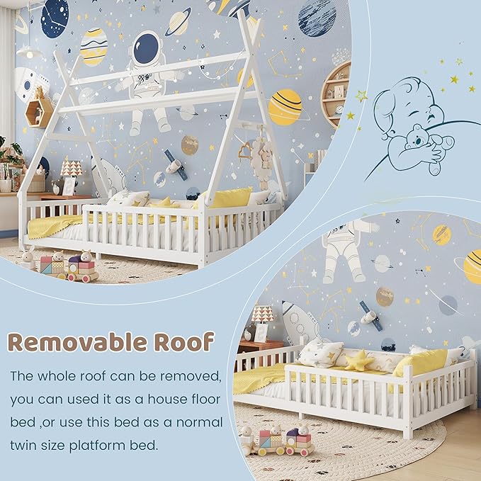 Twin House Bed with Light,Wood Twin Montessori FloorBed with Rails & Roof,Teepee Bed for Kids Boys Girls,with Slats Support,No Box Spring Needed, White