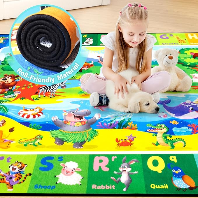 ABC Kids Rugs for Playroom 6x9FT Non-Slip Play Carpet Baby Play Mat for Floor Washable Alphabet Nursery Preschool Daycare Classroom Carpet