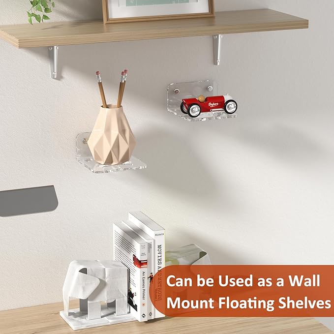 Clear Acrylic Wall Shelf 4 Pack for Surveillance Cameras, Smart Security Cameras, Small Floating Shelf for Plants, Speaker, Dog Camera, 4'', with Cable Clips