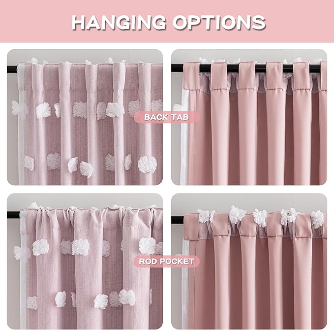 MYSKY HOME Pink Curtains for Girls Bedroom Nursery Curtain Double Layer White Pom Pom Sheer Window Panels for Kids Room Back Tab Room Darkening Window Drapes 63 Inches Length, W52 X L63, 2 Pieces