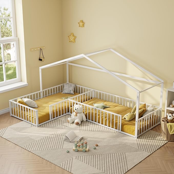 SOFTSEA Twin Size L-Shaped House Floor Bed, Metal Montessori Bed Frame with Fence Guardrails, Double Twin Corner House Bed for 2 Kids, No Slats Included, Box Spring Needed, Easy Assembly, White