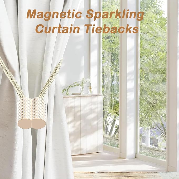 SRG Handmade Magnetic Curtain Tiebacks 2 Pack Sparkling Glass Wrapped Wooden Holdbacks with Strong Magnets, No Drilling Drapery Accessories for Home Decor – Champagne