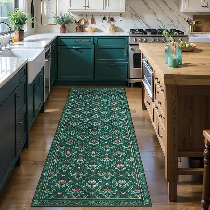 Tangsoo 2x6 Washable Runner Rug for Hallways, Non Slip Moroccan Trellis Green Floral Carpet Runner, Soft Low Pile Floor Carpet Runner for Kitchen, Laundry, Bedroom, Bathroom, Living Room Home Decor