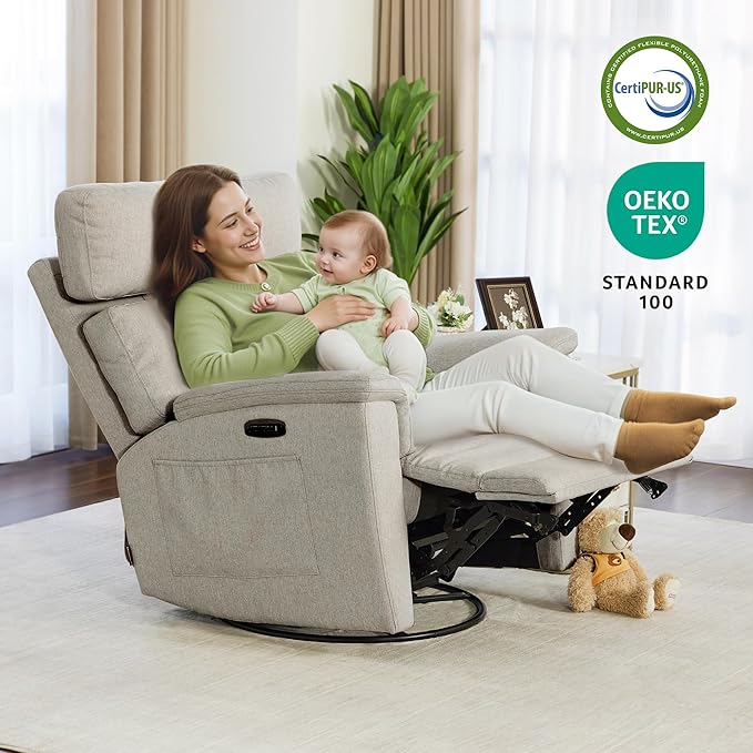 MCombo Oversized Swivel Glider Rocker Recliner with Adjustable Headrest, Dual Motor Power Recliner for Nursery, Led Nightlight, Fabric PR601 (Mist Grey)