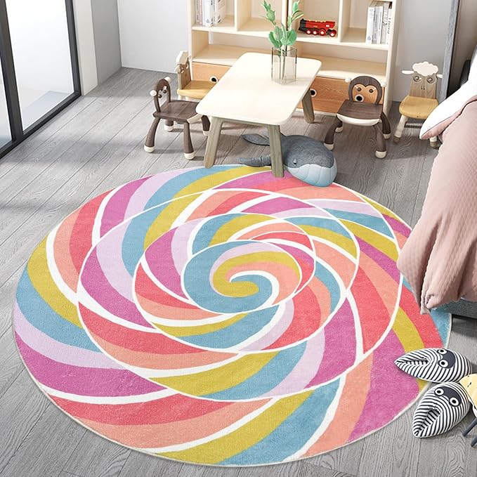 Kids Rug Play Mat 6Ft Round Rainbow Lollipop Girls Bedroom Carpet, Large Circle Candy Classroom Playroom Area Rug for Children, Cute Nursery Mat for Candyland Party Decorations