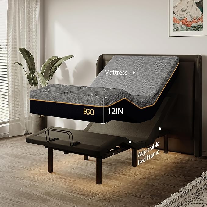 Twin XL Adjustable Bed Frame and 12 inch Memory Foam Mattress, Independent Head and Foot Incline Electric Bed with Massage, Wireless Remote, Zero Gravity, 2 USB Ports, Adjustable Legs, No Headboard