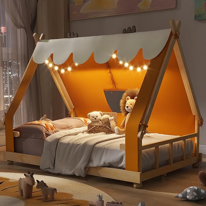 Full Size Floor Bed with Tent and Light, Wooden Montessori Bed Frame with Roof Design, Low Profile Beds for Kids, Boys and Girls, Brown