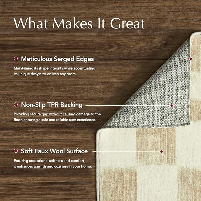 EverGrace Checkered Plaid Area Rug - Soft Faux Wool, 9x12, Washable, Anti Slip, Large, for Entryway, Bedroom, Living Room, Hallway, Kitchen, Dining Room and Laundry, Beige