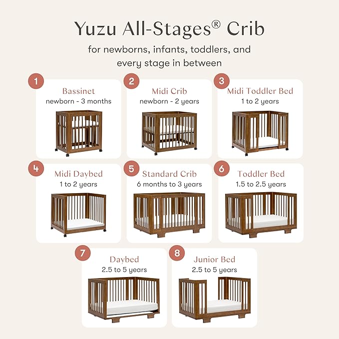 Babyletto Yuzu 8-in-1 Convertible Baby Crib - GREENGUARD Gold - Conversion Kits for Bassinet, Midi & Full-Size Convertible Crib to Toddler Bed, Daybed & Junior Baby Bed - 4 Mattress Heights - Walnut