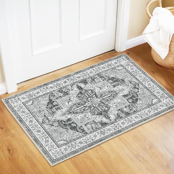 WITSHOCK Indoor Door Mat, Entrance Mat 2x3 Machine Washable Non Slip Backing Mat Soft Foldable,Vintage Rugs Mats, Inside Floor Mat Doormat, Gray