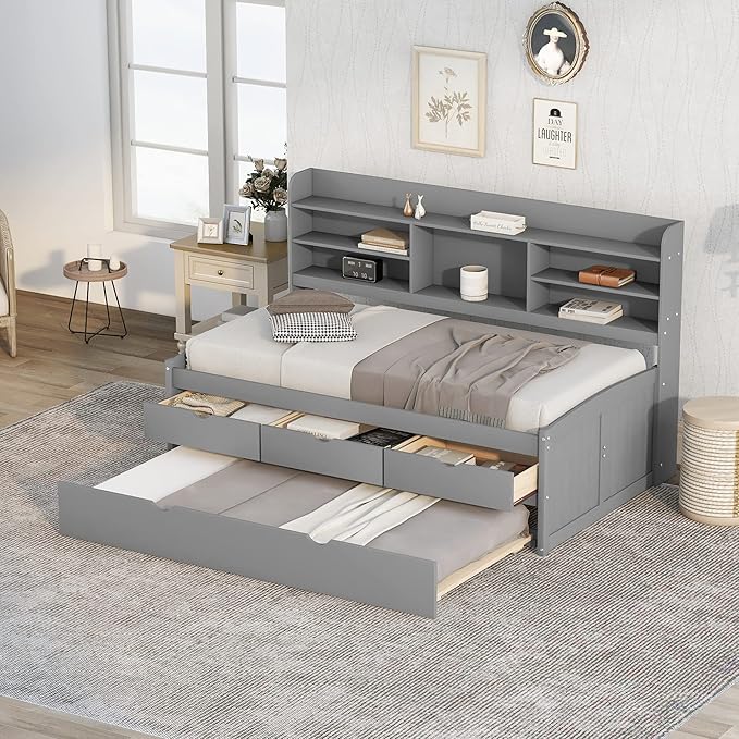 Harper & Bright Designs Twin Size Captain Bed with Built-in Bookshelves/3 Storage Drawers/Trundle, Wooden Twin Daybed Bed Frame for Kids Teens Dorm Bedroom Multipurpose Guest Room, Light Grey