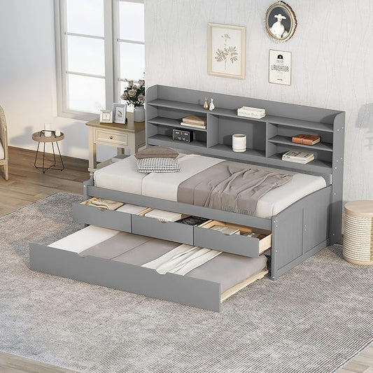 Harper & Bright Designs Twin Size Captain Bed with Built-in Bookshelves/3 Storage Drawers/Trundle, Wooden Twin Daybed Bed Frame for Kids Teens Dorm Bedroom Multipurpose Guest Room, Light Grey