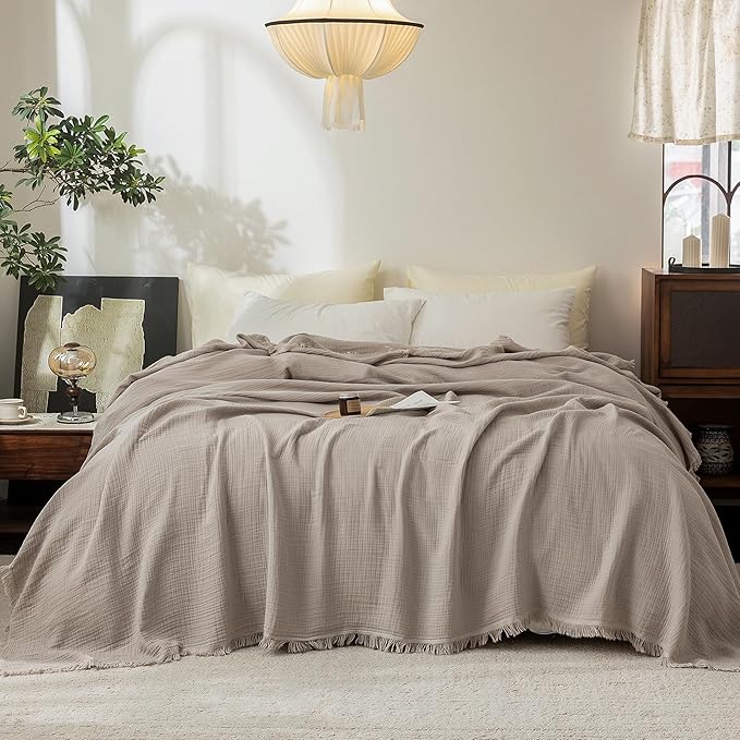 FOSSA Muslin Blanket with Fringe - 4-Layer 100% Cotton Gauze Super Soft & Breathable Throw -Lightweight Decorative Cooling Blanket for Bed, Sofa, Office (Beige Gray, King (104" × 90"))
