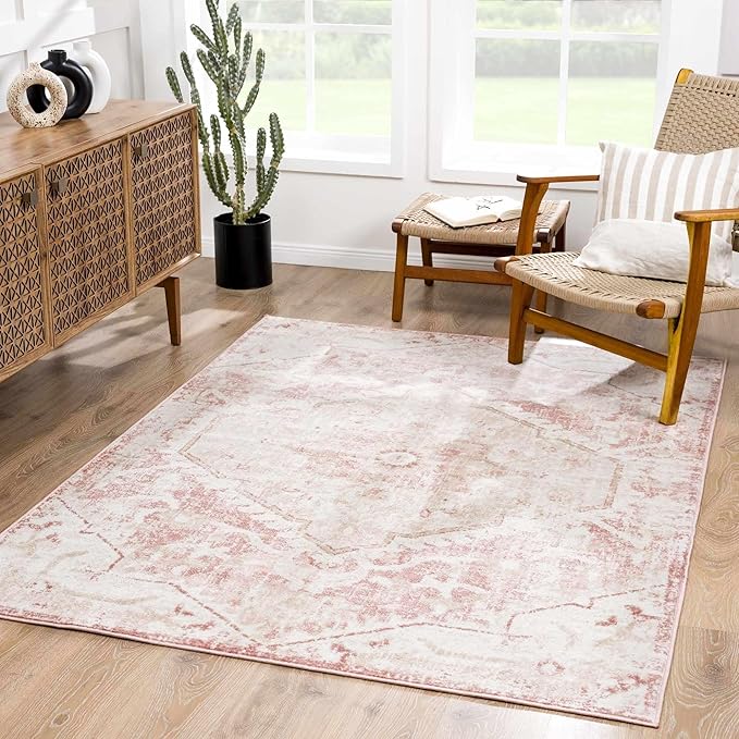 BoutiqueRugs Blush & Light Pink Collection Leonora Bohemian Oriental Medallion Extra Large Area Rug - Traditional Floral Carpet for Living Room - Blush, Pale Pink, Cream - 9'2" x 12' (9x12 Area Rug)