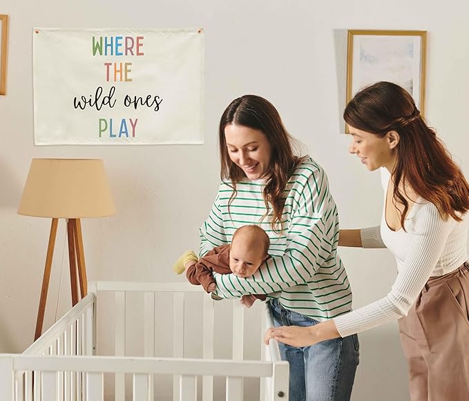 Playroom Rectangular Canvas Banner-Flag Wall Sign Decor for Kids Teen,Playroom Nursery Baby Room Bedroom Living Room Wall Decor-Where the Wild Ones Play-Baby Shower Birthday Christmas Gift