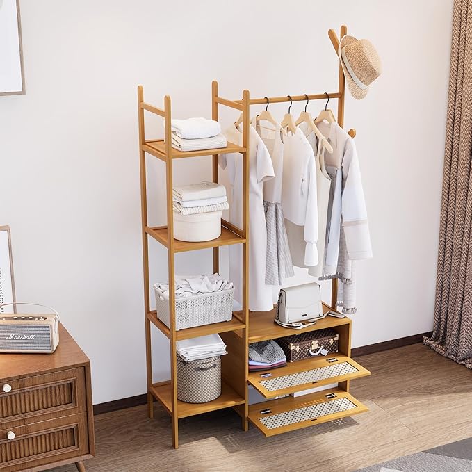 Bamboo Clothes Rack,Garment Rack with Drawers and Shelves,5 Tier Storage Shelves with 6 Hanging Hooks,Wardrobe Closet for Entryway Guestroom Kids Bedroom (31.5inch Width Natural with Rattan Door)