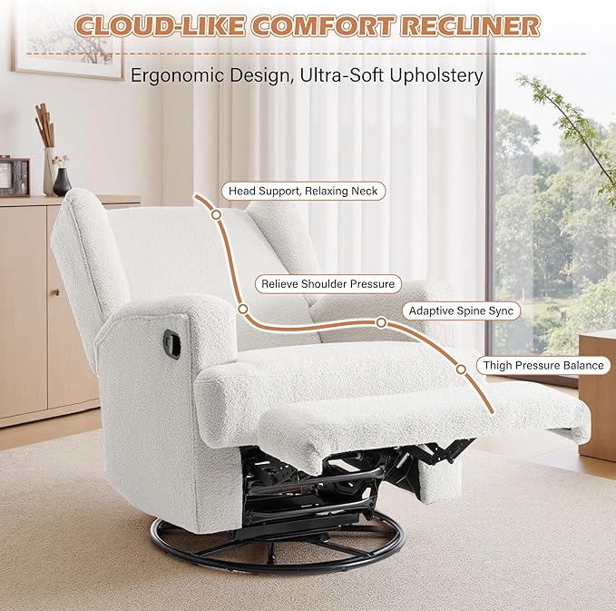 UIXE Swivel Glider Recliner Chair for Adults, Boucle High Back Accent Chair Nursery Rocker for Living Room, Upholstered Manual Reclining Sofa Seating with Deep Seat - Beige