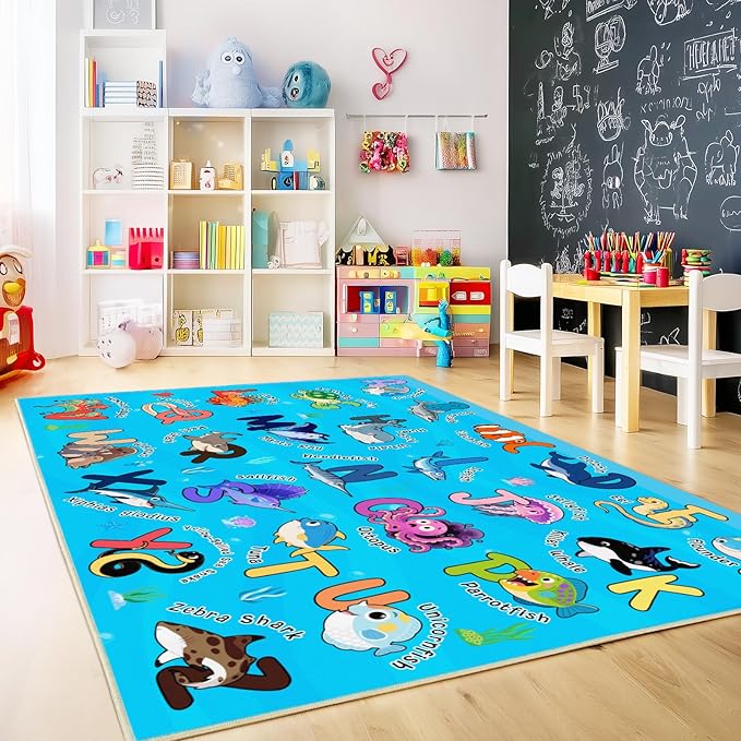 Kids Rugs for Playroom, 8x10 Ft Educational Rug for Learn The ABC Alphabet, Soft Machine Washable Non-Slip Cute Marine Organisms Carpet for Classroom Toddler Nursery Kids Room Decor, Blue