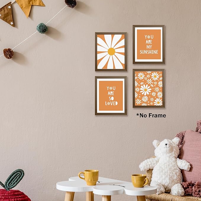 AEHIE Boho Orange Daisy Flower Wall Art Print, You Are My Sunshine Poster for Baby Girls Room Nursery, Bohemian Spring Aesthetic Floral Decor for Home, 4pcs