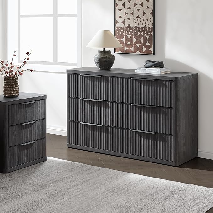 SICOTAS Dresser for Bedroom 53.5" Wide 6 Drawer Dressers & Chests of Drawers for Closet Long Large Modern TV Stand Set for Clothes Storage Fluted Clothes Closet for Hallway Entryway, Dark Grey Alder