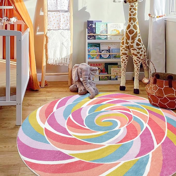 Kids Rug 5Ft Large Round Lollipops Play Mat Circle Rainbow Rug for Girls Bedroom Round Nursery Mat Classroom Carpet for Children, Colorful Playroom Candy Decorations